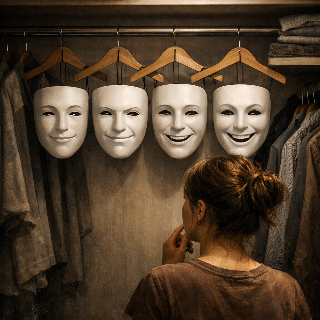 We all wear masks.
Not to deceive, but to endure. To show up, to function, to make it through the day when what we’re carrying inside feels too heavy to explain. Some masks are soft and steady, others are bright and convincing, but each one serves a purpose in its own quiet way.
This piece reflects the moments we stand before the world, choosing which version of ourselves we’ll present. Not because we’re not strong enough to be real, but because sometimes strength looks like continuing on, even when no one sees the effort it takes.
The masks we wear are not weakness. They are survival.
But even so, we deserve spaces where we can finally set them down.